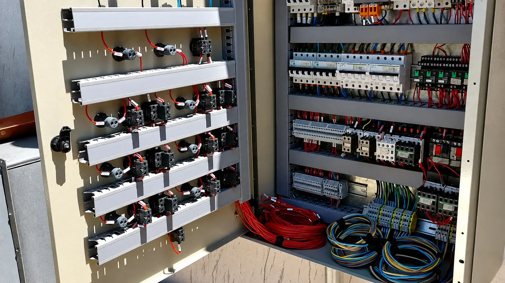 Tablero eléctrico de potencia y comando fabricado y montado por MEC Soluciones, con contactores, breakers y cableado prolijo
